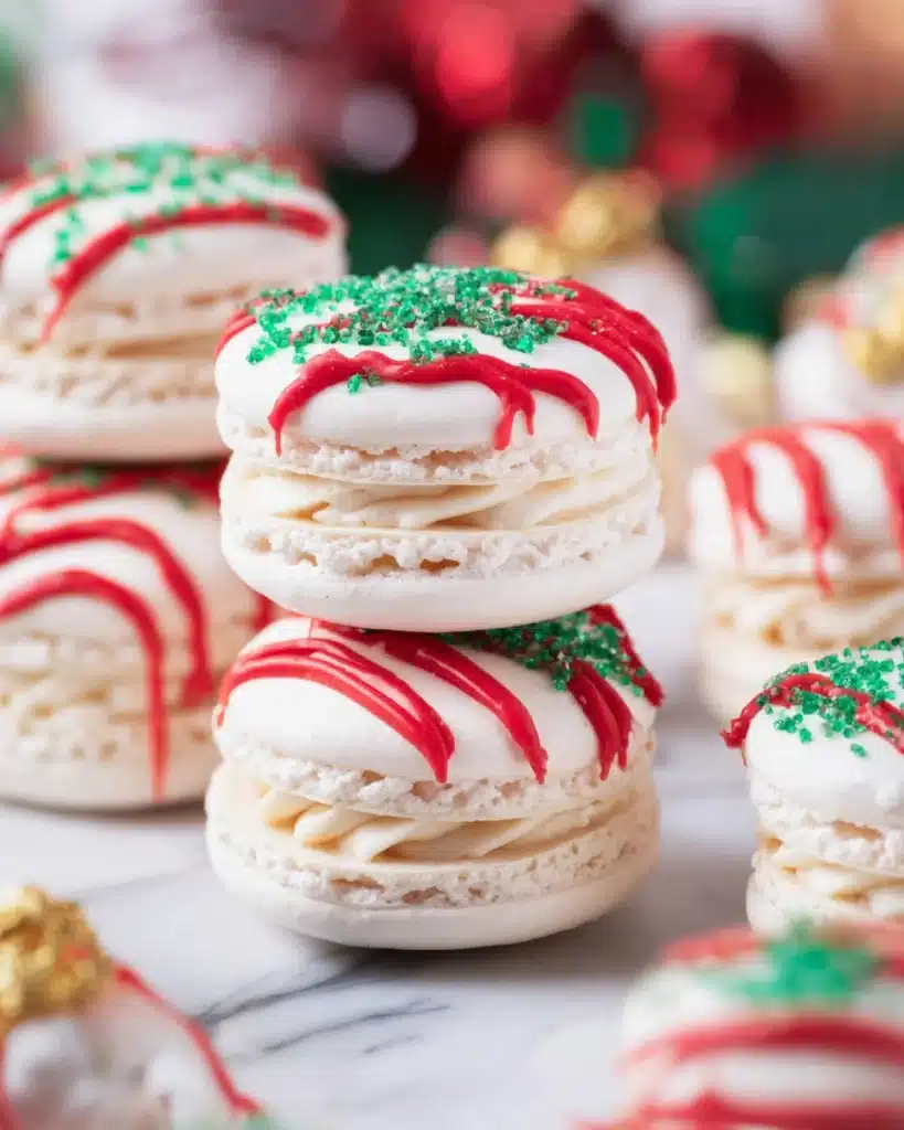 Christmas macarons with red icing and green sprinkles on white surface