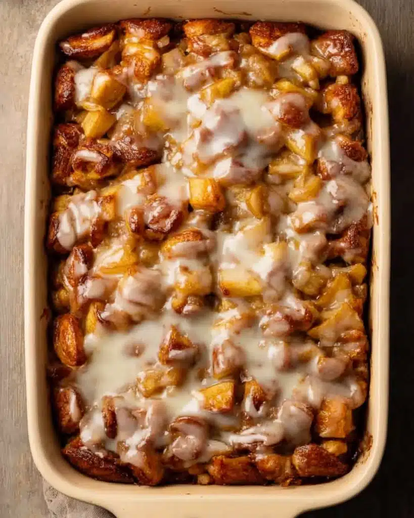 Cinnamon Rolls and Apple Pie Filling 4 Baked cinnamon rolls and apple pie filling topped with vanilla icing