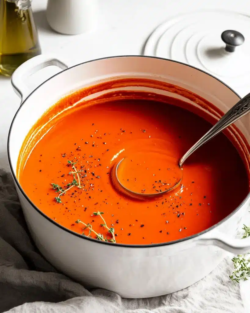 Classic Tomato Soup 5 Creamy tomato soup in a white pot with thyme and pepper garnish