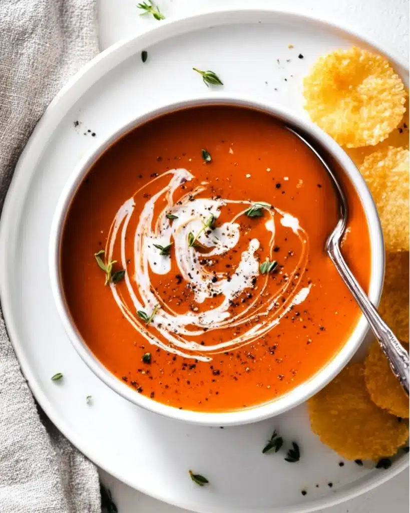 Classic Tomato Soup 1 Creamy classic tomato soup with cream swirls and parmesan crisps