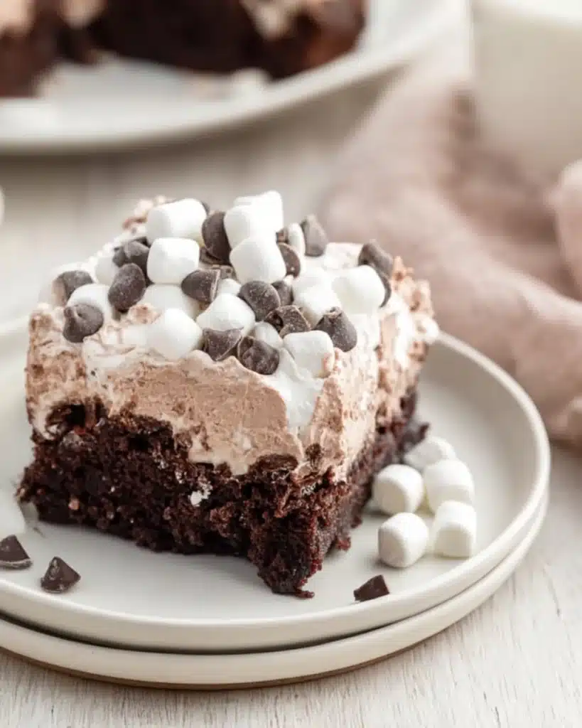 Cocoa Poke Cake (Perfect Christmas Dessert) 1 Cocoa Poke Cake slice with whipped topping, marshmallows, and chocolate chips on a plate