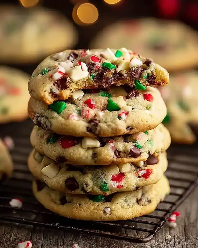 Cookies Ready in 30 Minutes – Peppermint Chocolate Chip Christmas Cookies 1 Stack of peppermint chocolate chip Christmas cookies ready in 30 minutes