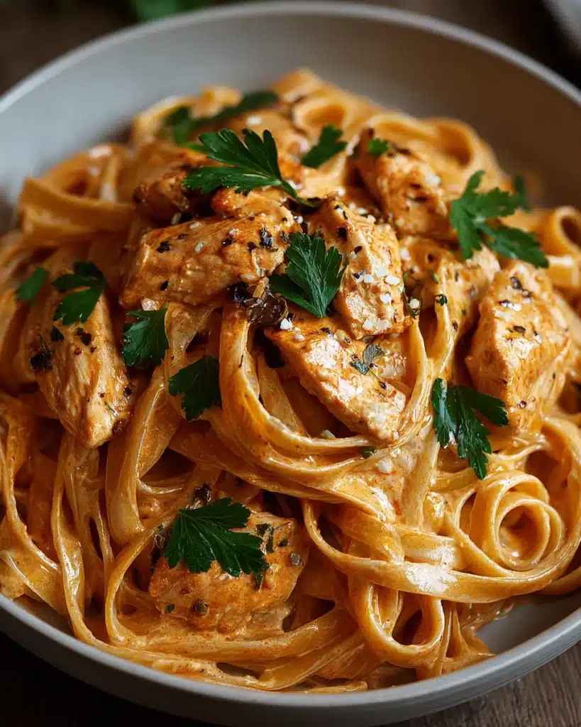 Creamy butter chicken linguine with tender chicken, fresh parsley, and a glossy sauce.
