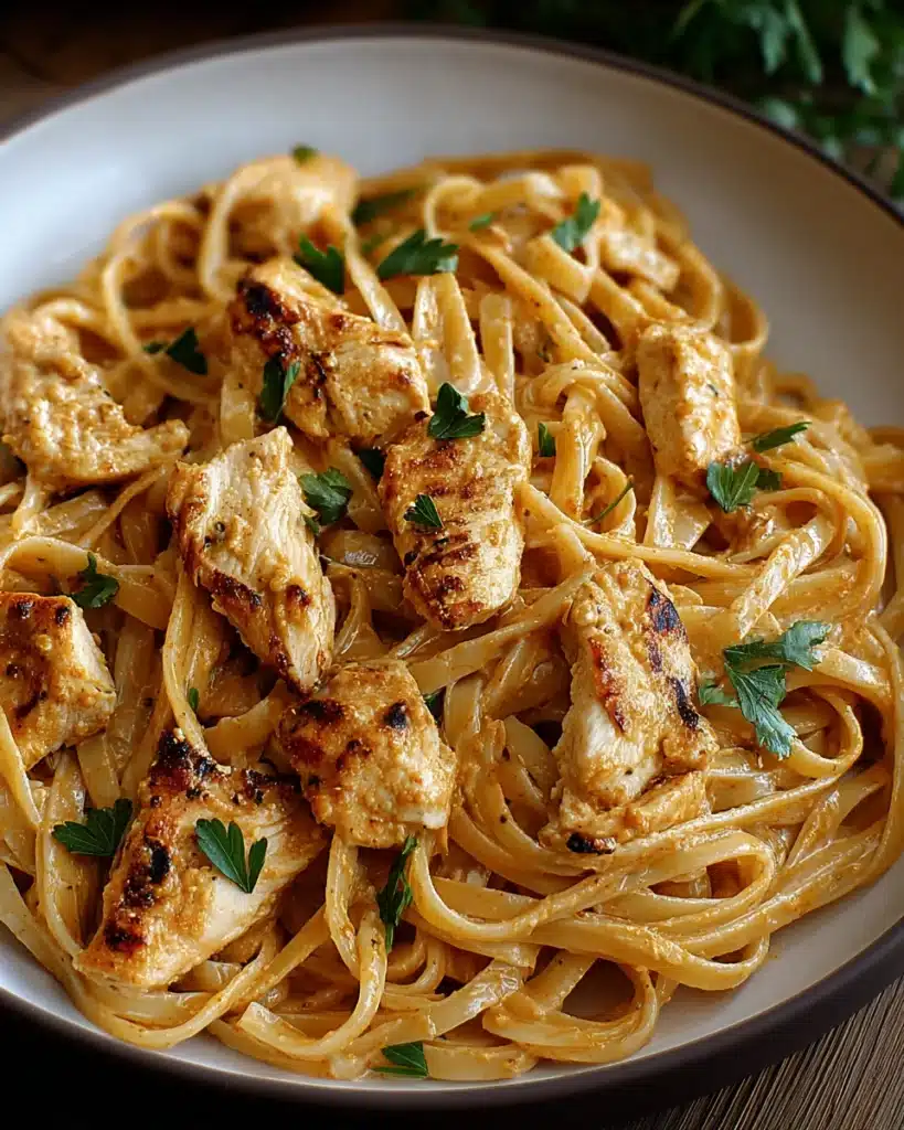 Cowboy Butter Chicken Linguine with tender chicken, fresh parsley, and a glossy orange sauce.