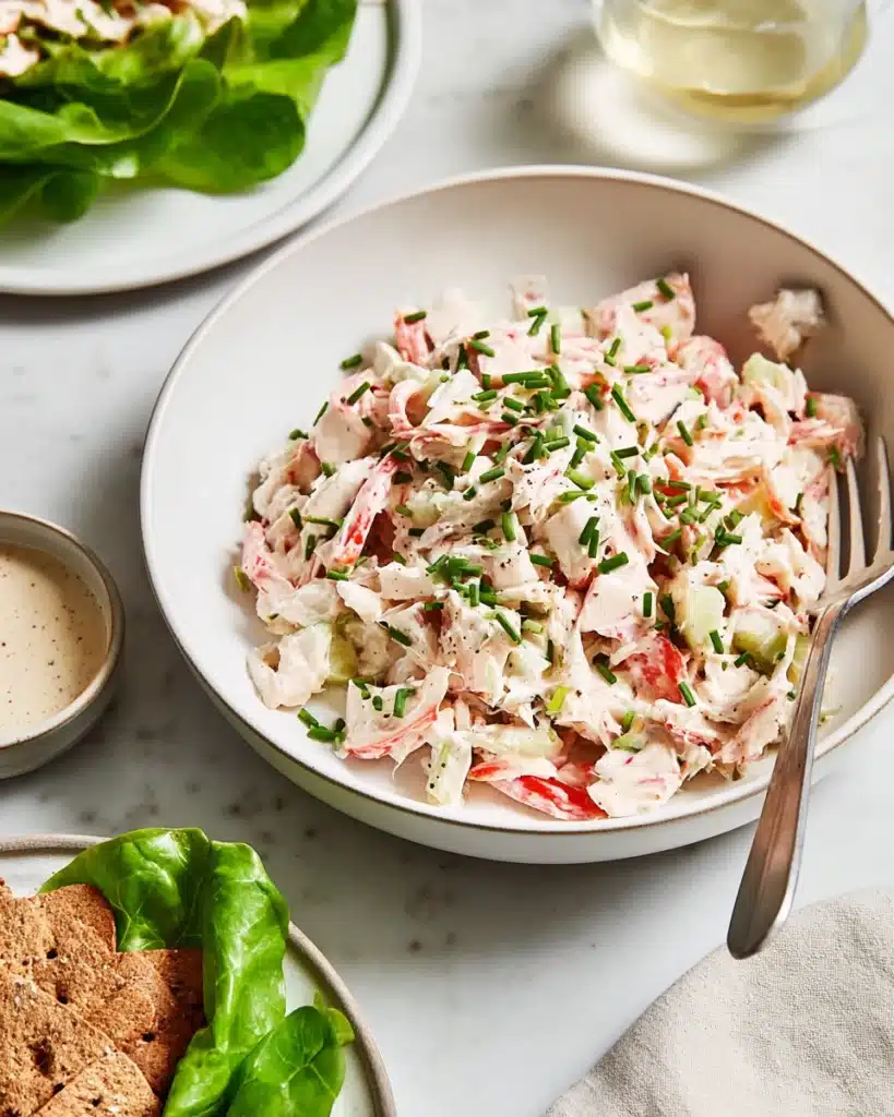 Creamy crab salad with celery, shallots, and chives in a white bowl