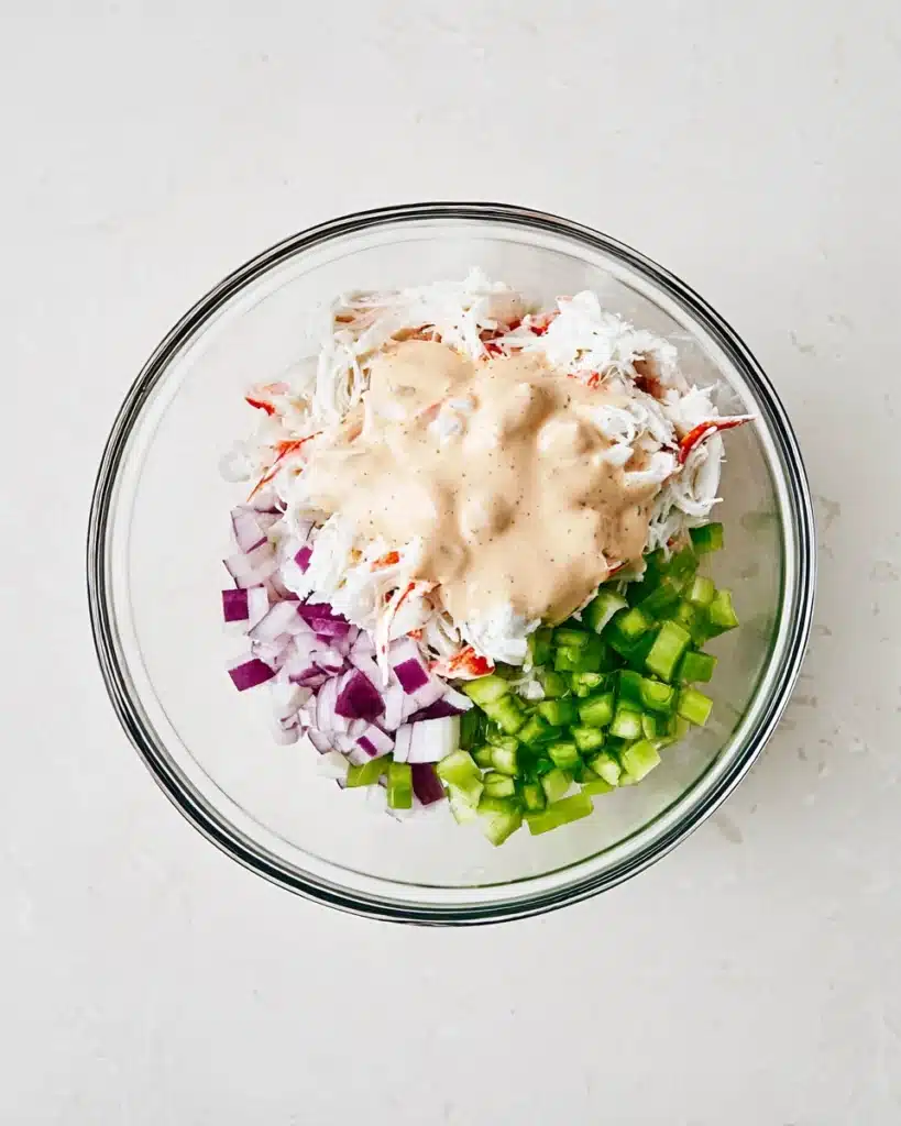 Crab salad ingredients with dressing in a glass mixing bowl