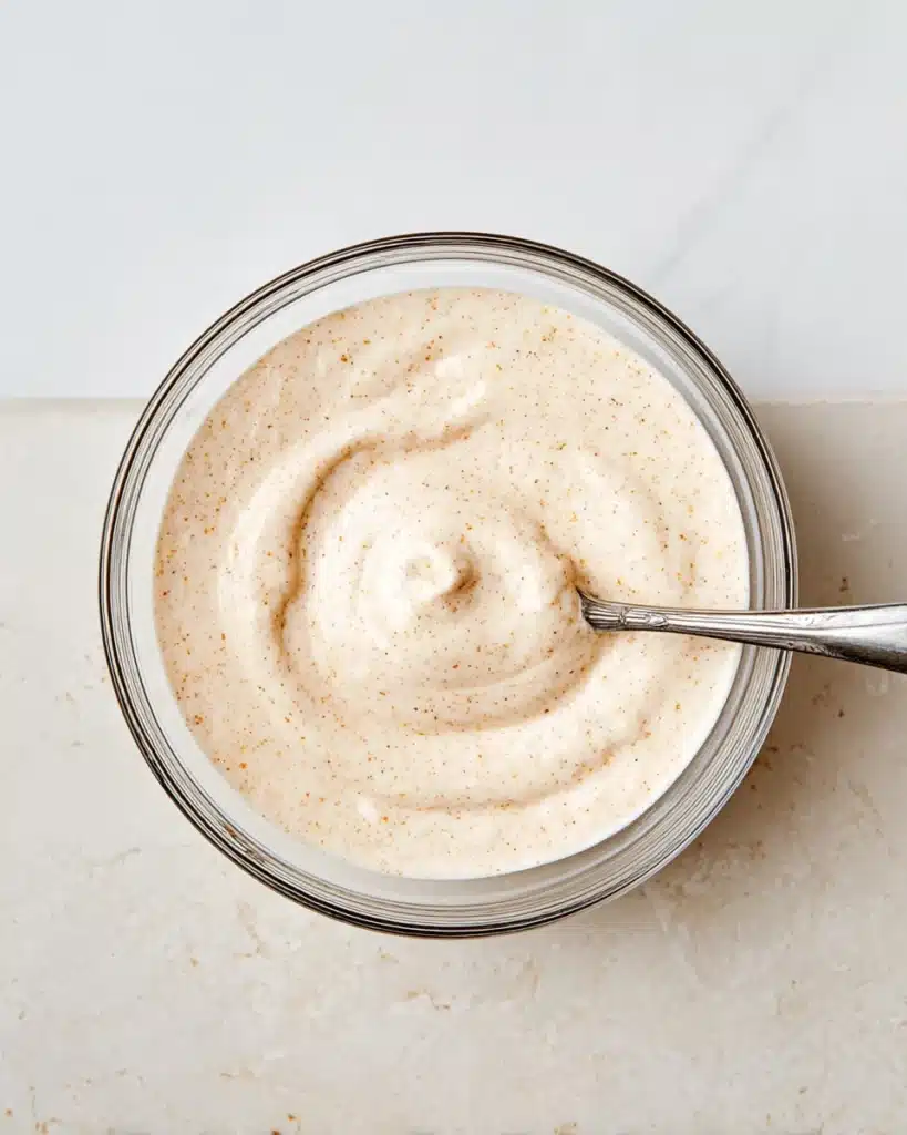 Creamy crab salad dressing in a glass bowl with a spoon