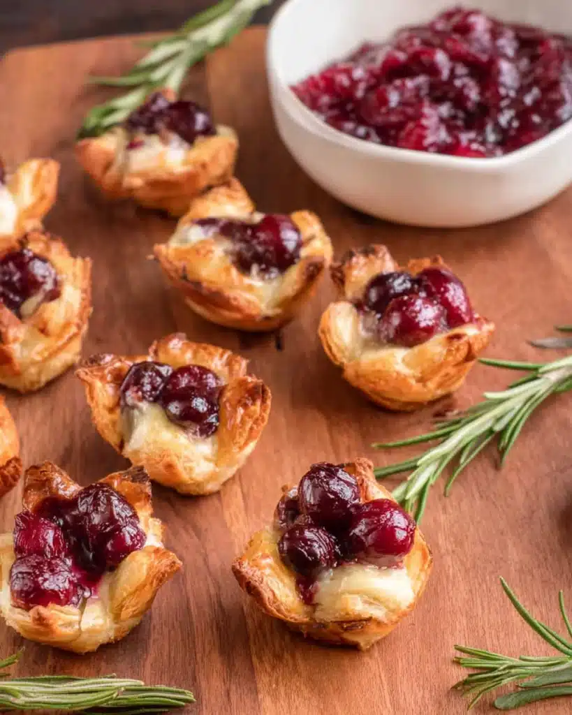 Cranberry Brie Bites – The Perfect Festive Appetizer 4 Golden baked Cranberry Brie Bites with glossy cranberry topping and rosemary on a wooden board.