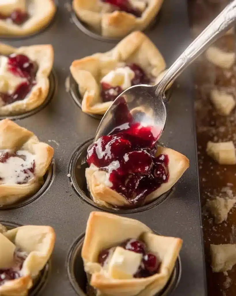 Cranberry Brie Bites – The Perfect Festive Appetizer 3 Spoon adding cranberry sauce to brie-filled dough cups for Cranberry Brie Bites.