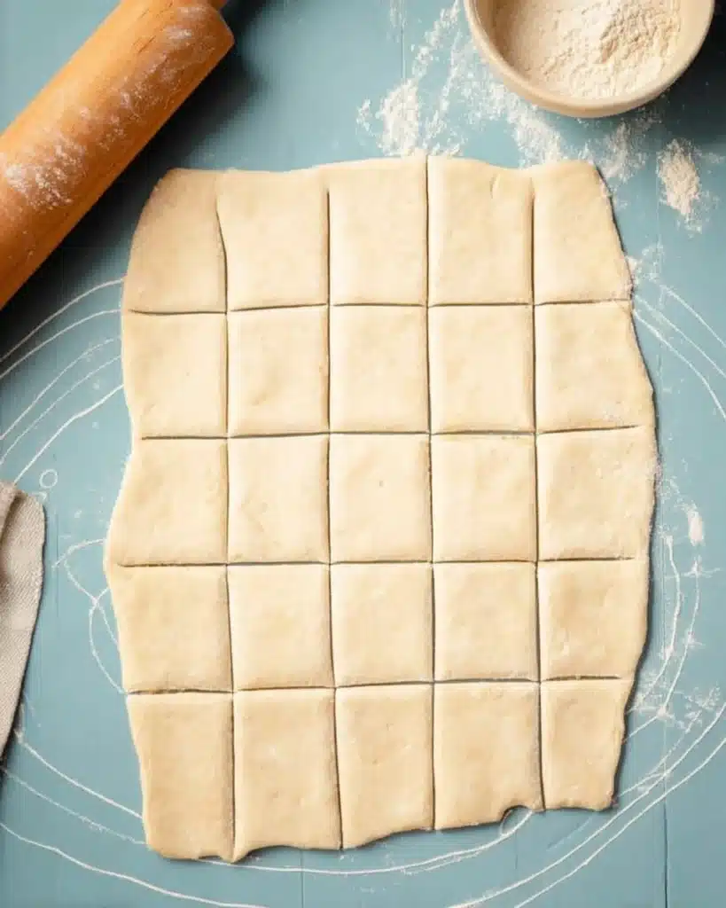 Cranberry Brie Bites – The Perfect Festive Appetizer 2 Cranberry Brie Bites dough cut into squares on a pastry board for easy holiday appetizer prep.