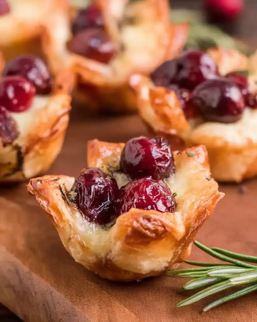 Cranberry Brie Bites – The Perfect Festive Appetizer 1 Golden cranberry brie bites with flaky pastry, melted cheese, and glossy cranberries on a wooden board.