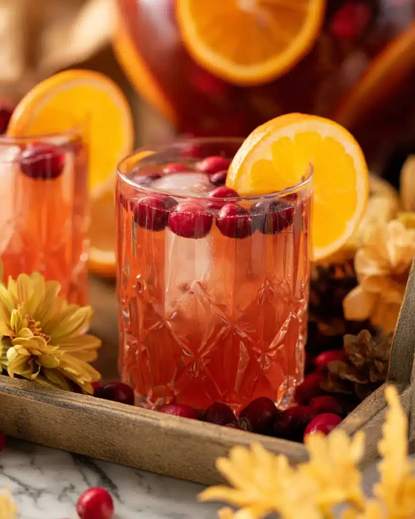 Cranberry Orange Prosecco Punch 2 Close-up of cranberry orange prosecco punch with citrus and cranberries in a glass