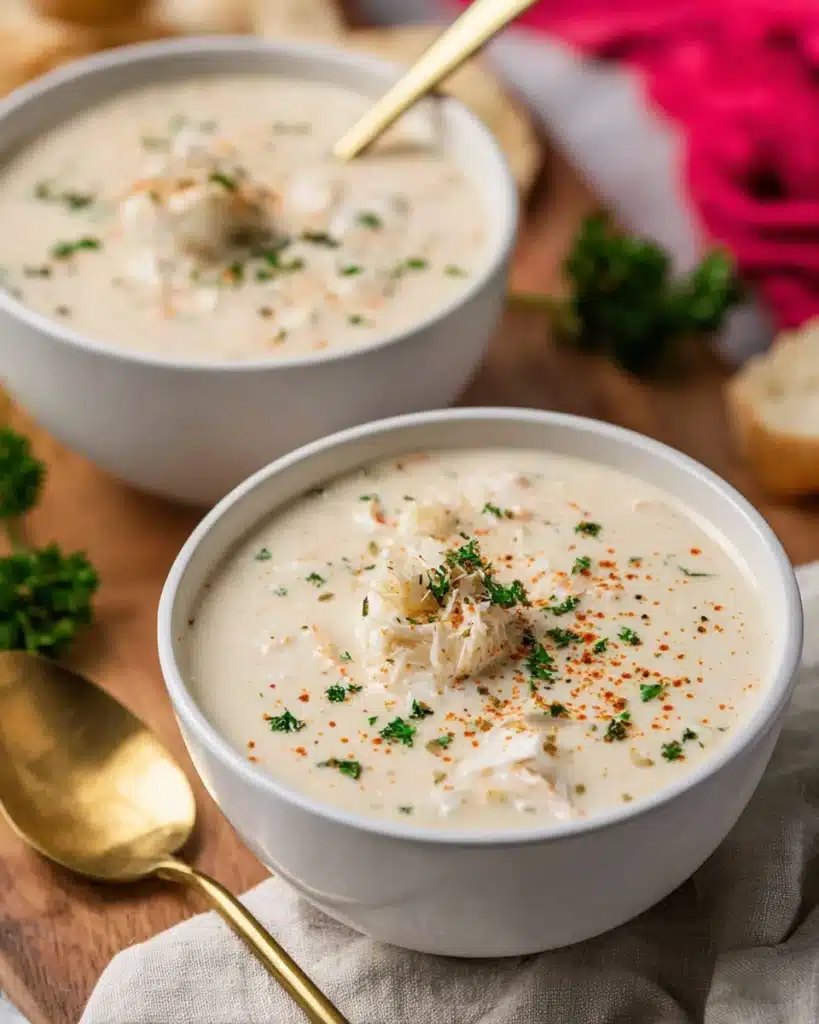 Creamy crab soup in white bowls topped with crab meat, parsley, and Old Bay seasoning