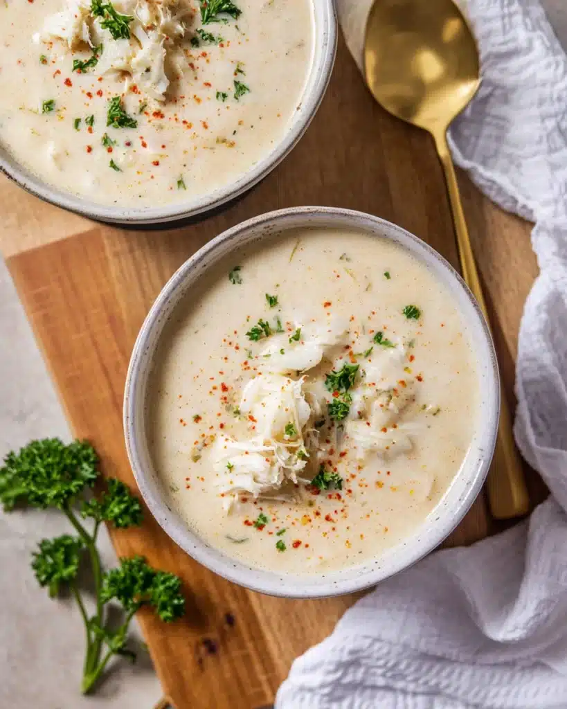 Overhead view of creamy crab soup in white bowls topped with crab meat and parsley