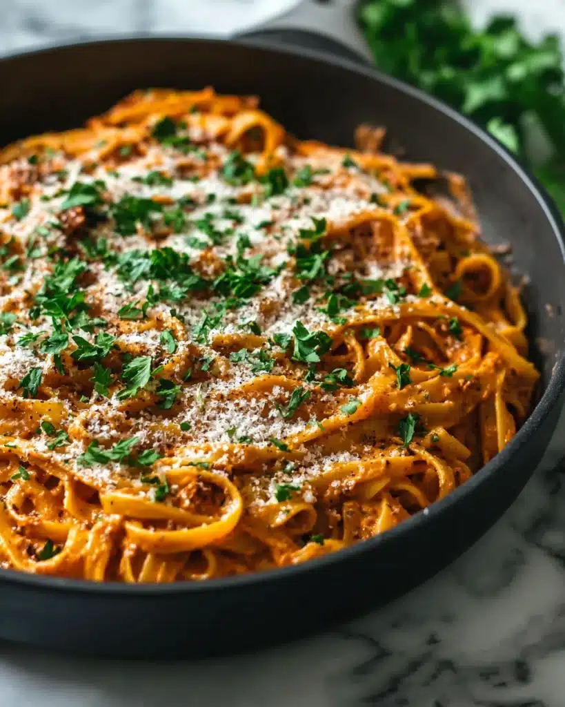 Creamy Sun-Dried Tomato Vegan Pasta (Gluten-Free Recipe) 1 Creamy sun-dried tomato vegan pasta topped with parsley and vegan parmesan