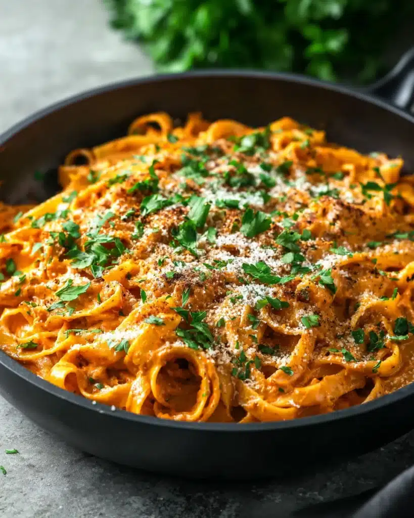 Creamy Sun-Dried Tomato Vegan Pasta (Gluten-Free Recipe) 2 Creamy sun-dried tomato vegan pasta in a skillet topped with parsley