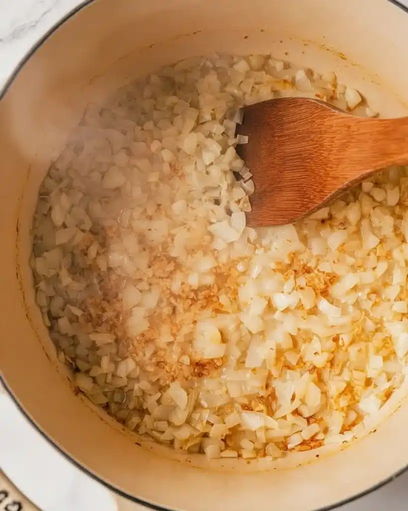 Creamy Vegetable Soup 2 Diced onions sautéing in butter in a beige pot with a wooden spoon for creamy vegetable soup