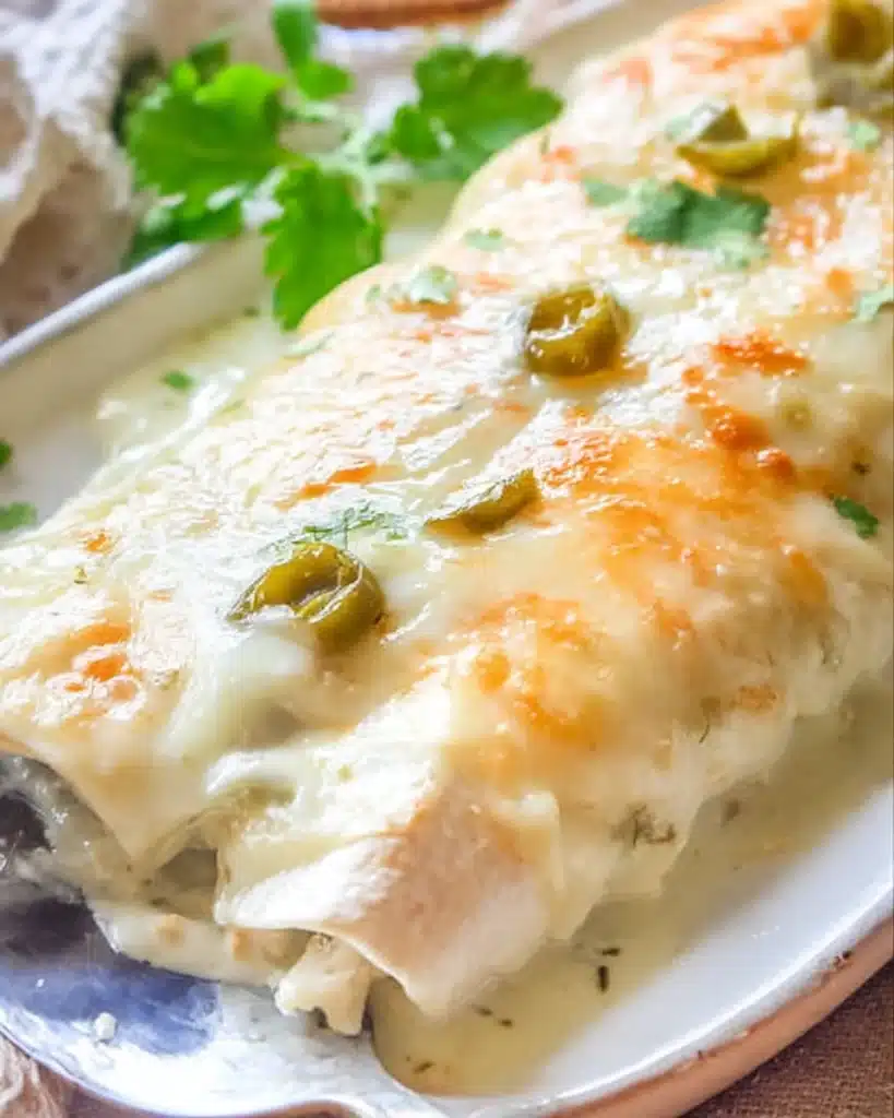 Creamy white chicken enchiladas topped with melted cheese and green chiles on a white plate