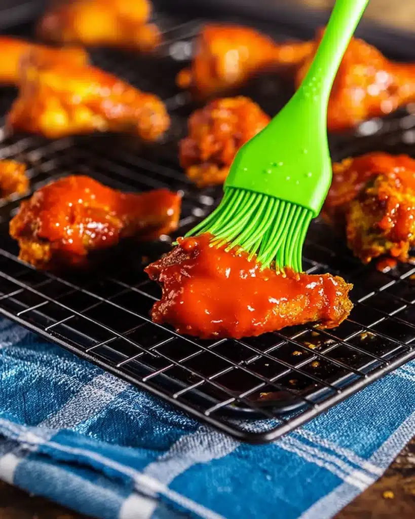 Crispy Baked Buffalo Wings – The Ultimate Game Day Appetizer 4 brushing buffalo sauce on crispy baked wings with green brush