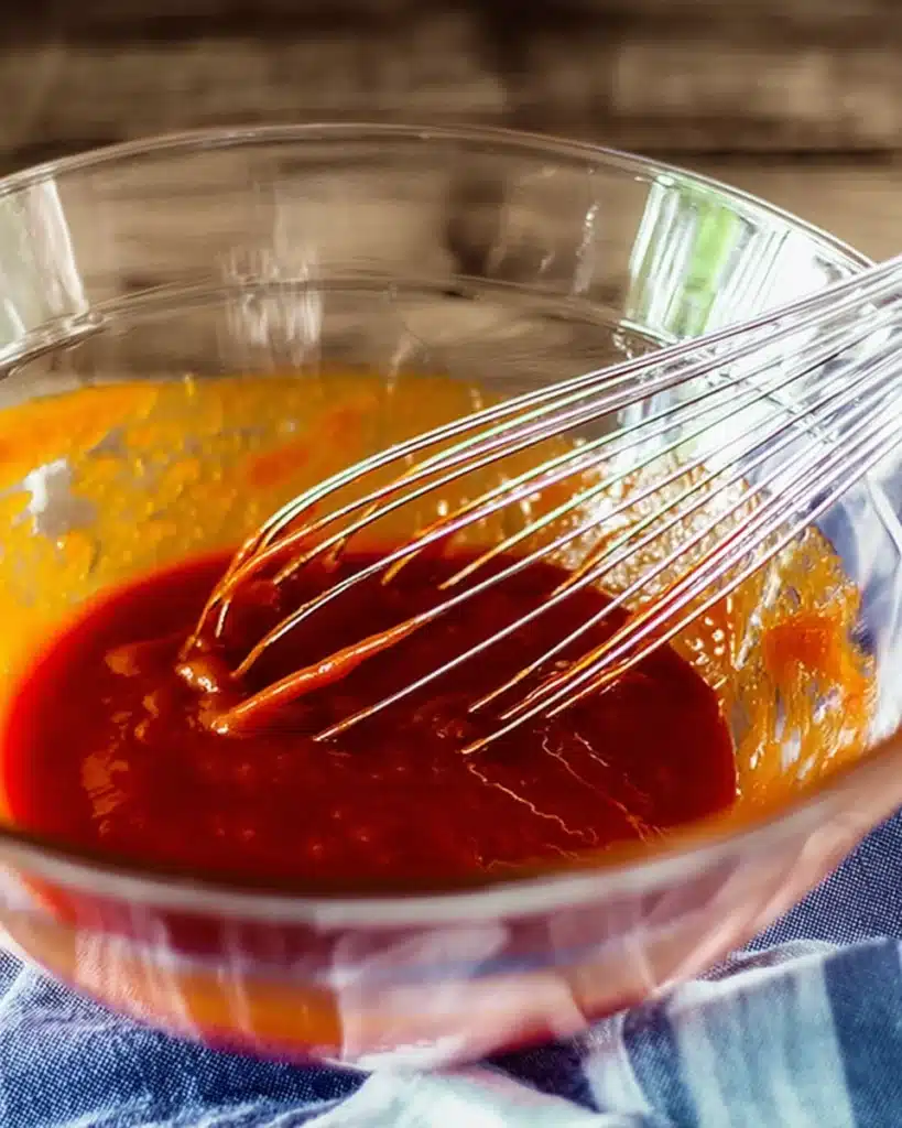 Crispy Baked Buffalo Wings – The Ultimate Game Day Appetizer 3 whisk mixing glossy buffalo sauce in a glass bowl