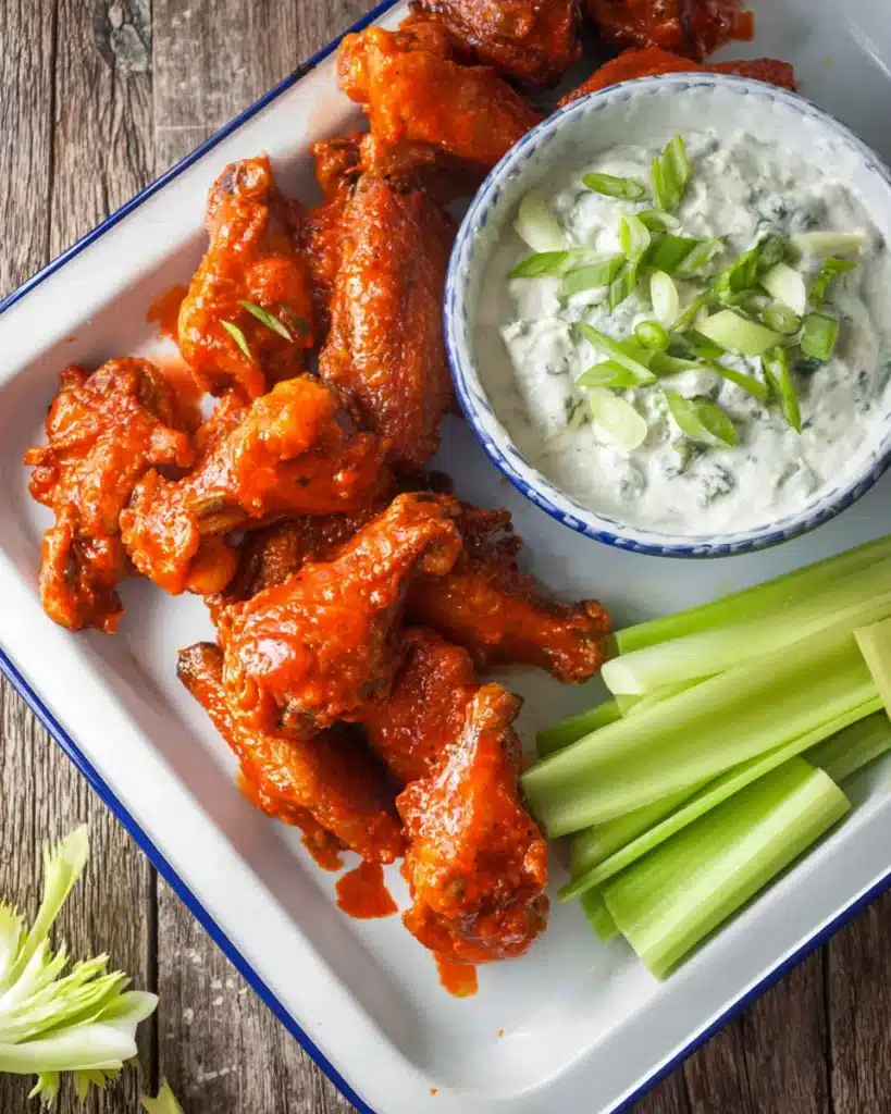 Crispy Baked Buffalo Wings – The Ultimate Game Day Appetizer 6 crispy baked buffalo wings with blue cheese dip and celery sticks
