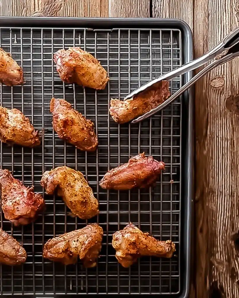 Crispy Baked Buffalo Wings – The Ultimate Game Day Appetizer 2 seasoned raw chicken wings on wire rack before baking