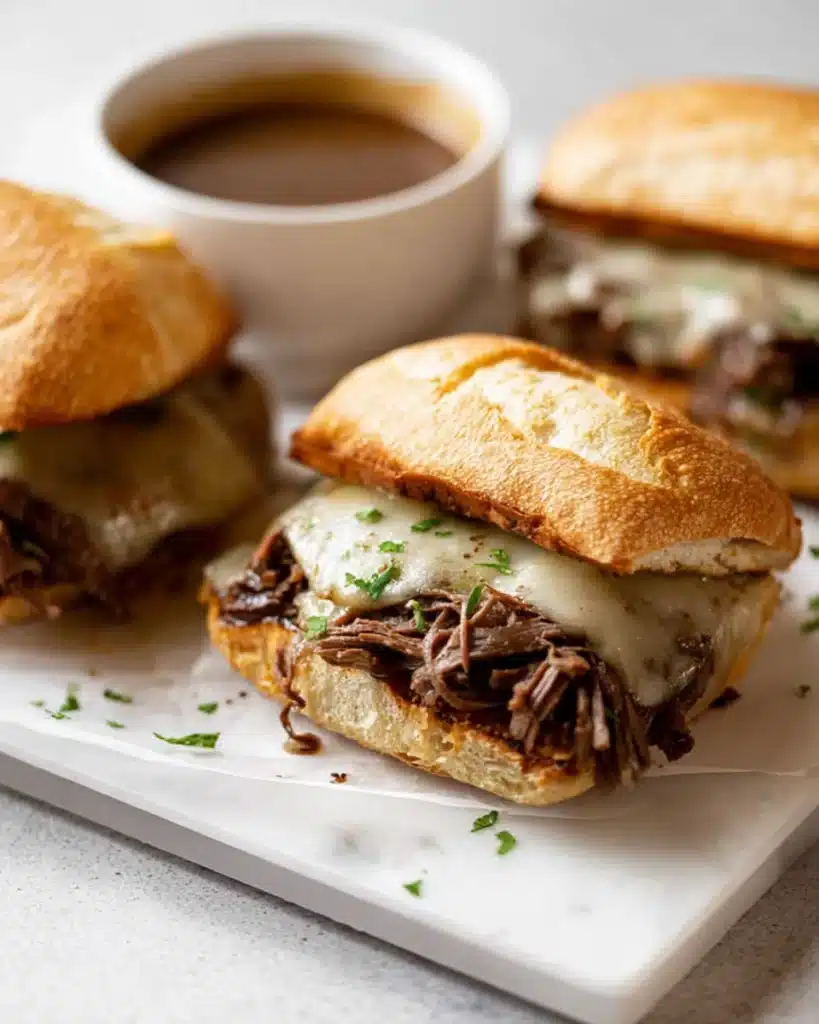Crockpot French Dip Sandwiches 1 Crockpot French Dip Sandwich with melted cheese on toasted ciabatta roll and au jus sauce