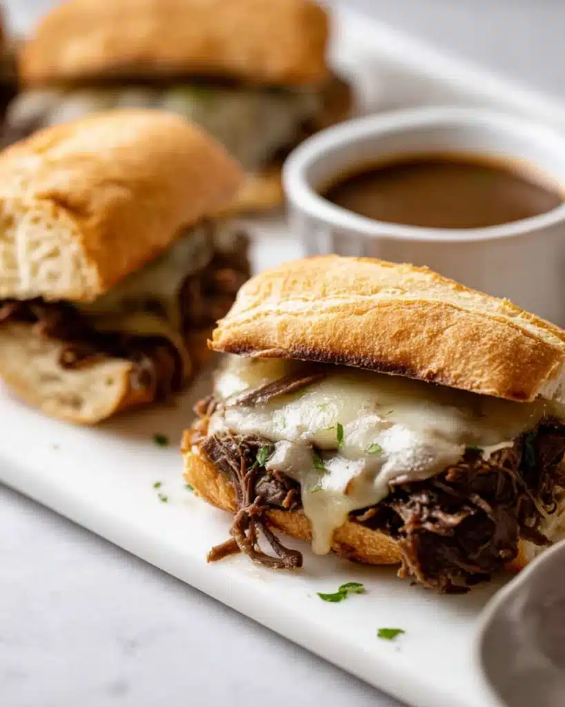 Crockpot French Dip Sandwiches 4 Crockpot French Dip Sandwiches with melted cheese and au jus on tray