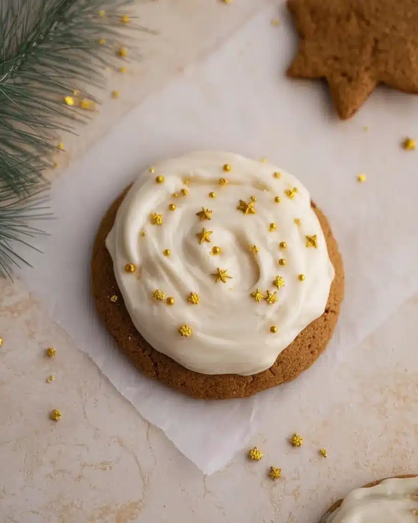Crumbl Gingerbread Cookies (Copycat Recipe) 1 Soft gingerbread cookie with cream cheese frosting and gold star sprinkles on a beige background