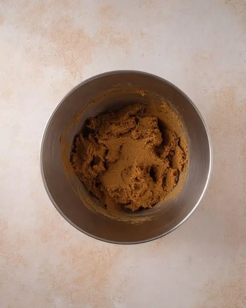 Crumbl Gingerbread Cookies (Copycat Recipe) 2 Gingerbread cookie dough in a stainless steel mixing bowl on a light surface
