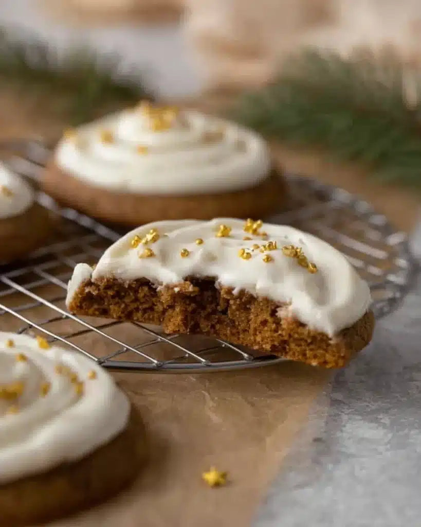 Crumbl Gingerbread Cookies (Copycat Recipe) 4 Soft Crumbl gingerbread cookie halves with frosting and gold star sprinkles on a cooling rack