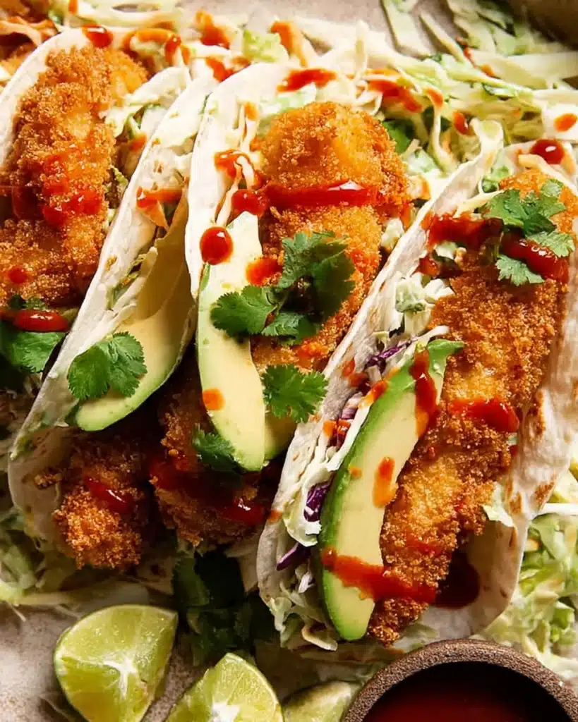 Crunchy chicken taco fingers with avocado, slaw, and sriracha in soft tortillas