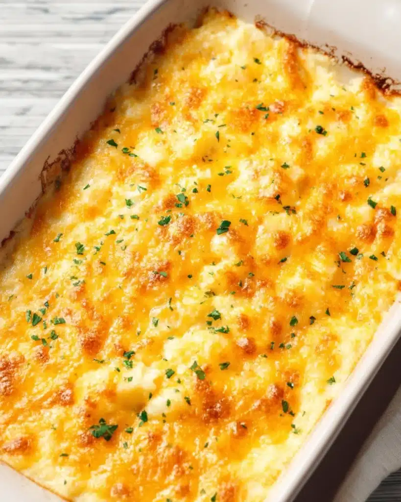 Golden-brown easy cheesy potato casserole with melted cheese and herbs in a baking dish
