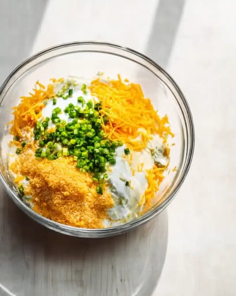 Mixing bowl with cheddar, sour cream, scallions, and butter for easy cheesy potatoes