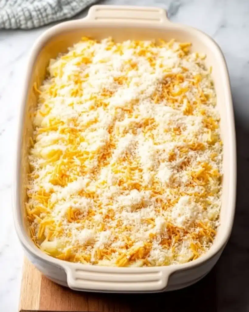 Unbaked cheesy potato casserole topped with cheddar and parmesan