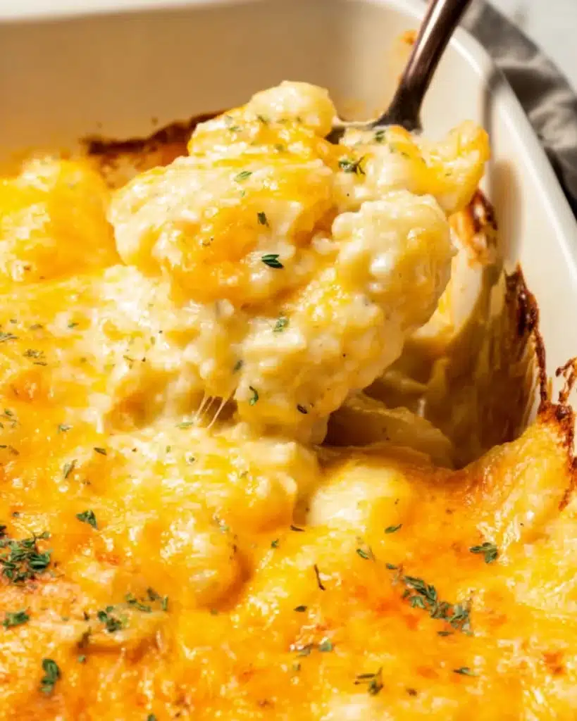 Spoonful of creamy easy cheesy potatoes with melted cheese topping