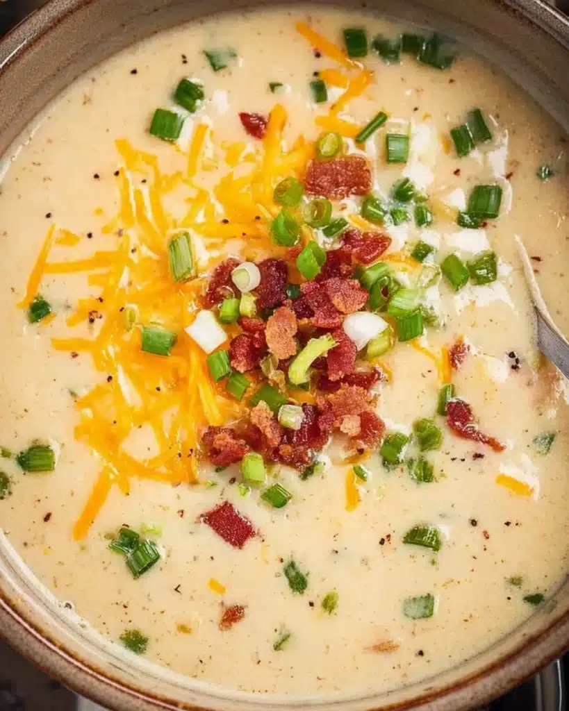 Easy Crockpot Potato Soup Recipe 1 Creamy crockpot potato soup with bacon, cheese, and green onions