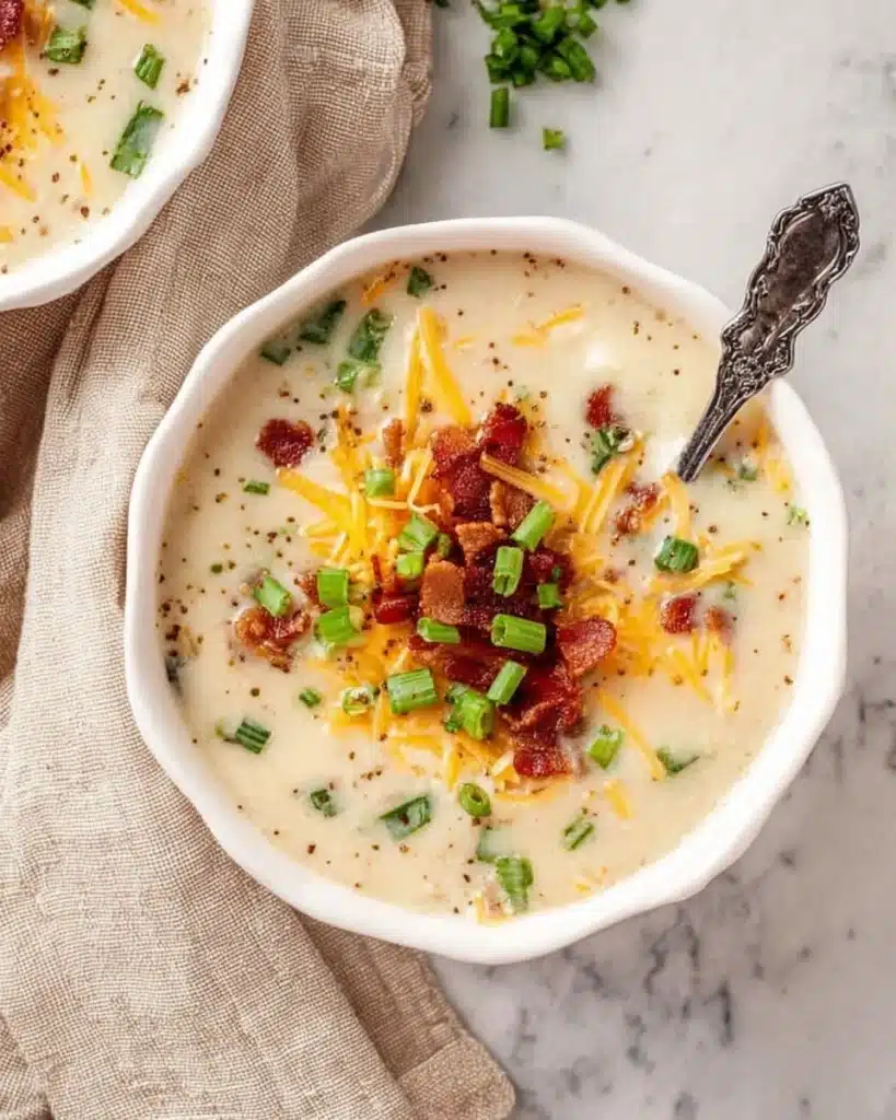 Easy Crockpot Potato Soup Recipe 3 Bowl of creamy crockpot potato soup topped with bacon, cheese, and green onions