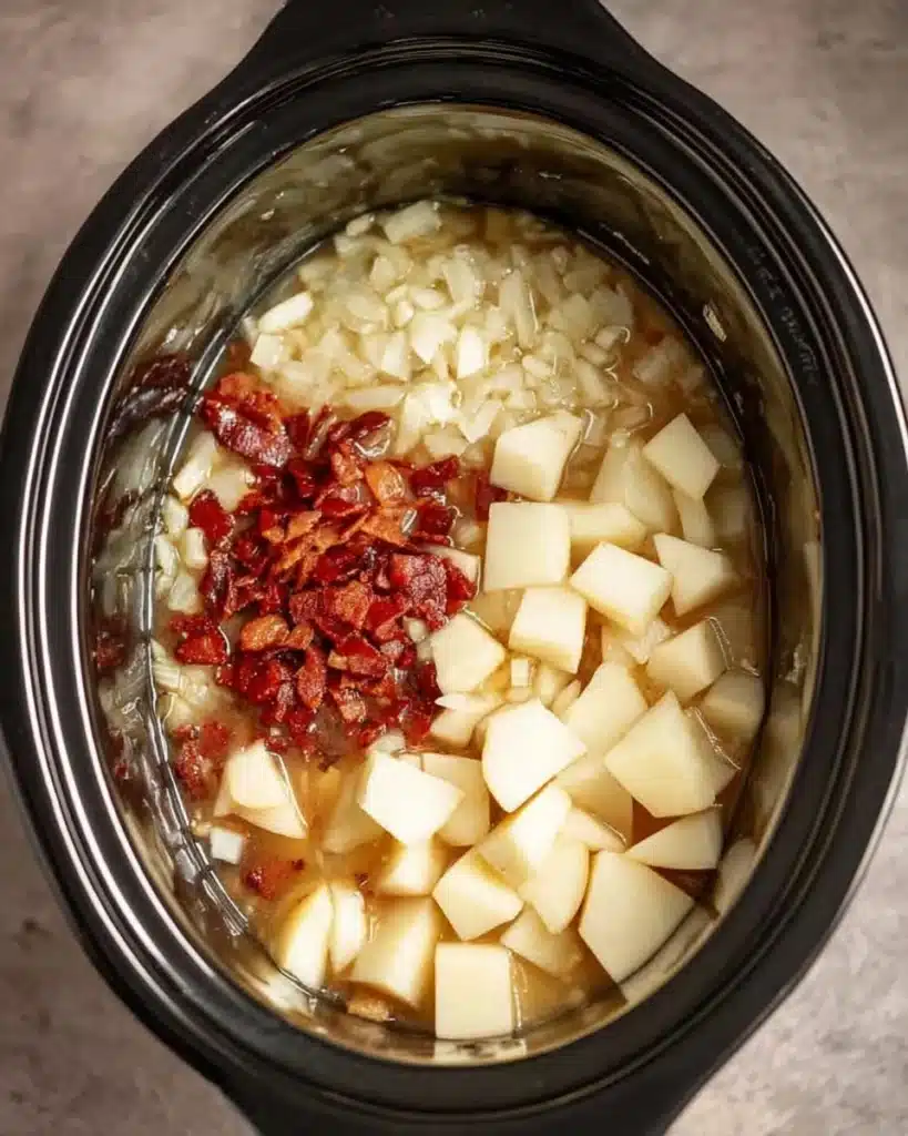 Easy Crockpot Potato Soup Recipe 2 Chopped potatoes, onions, bacon, and broth in a crockpot for easy crockpot potato soup