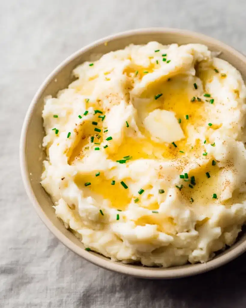 Easy Garlic Mashed Potatoes 1 Easy Garlic Mashed Potatoes with melted butter and chives in a bowl