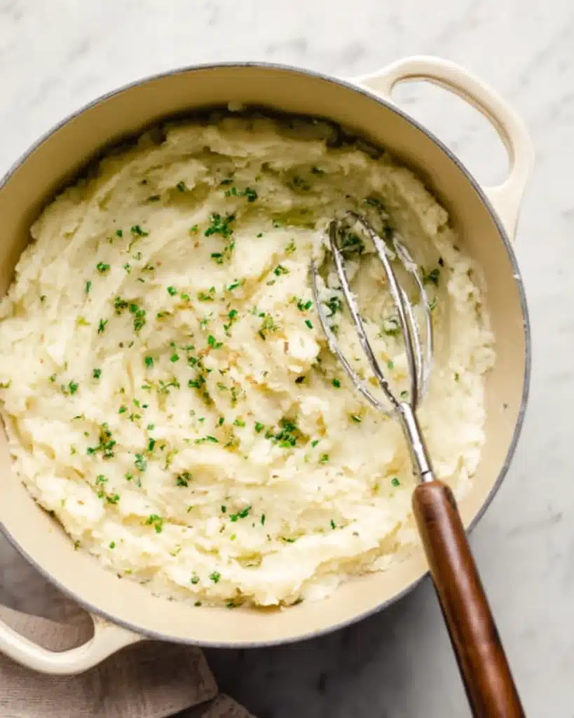 Easy Garlic Mashed Potatoes 4 Mashed garlic potatoes in a pot with herbs and a potato masher