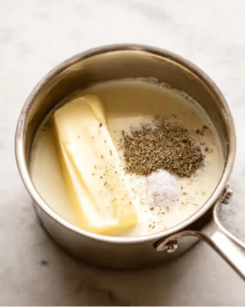 Easy Garlic Mashed Potatoes 3 Butter, cream, and seasoning in a saucepan for garlic mashed potatoes