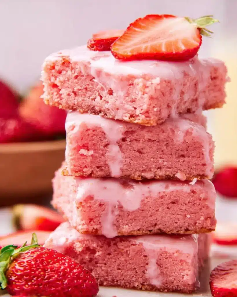 Easy Strawberry Brownies 1 Stack of glazed Easy Strawberry Brownies with fresh strawberries