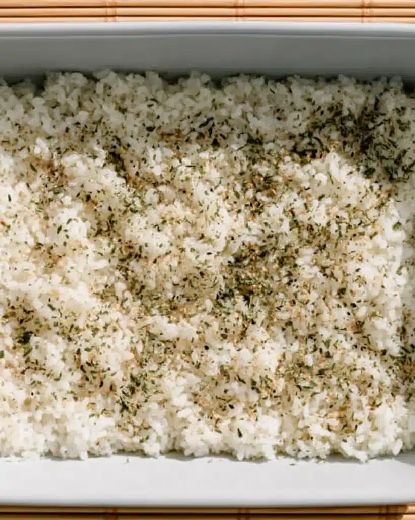 Easy Sushi Bake 2 Seasoned sushi rice base with furikake in a white baking dish