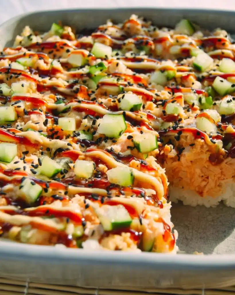 Easy Sushi Bake 1 Easy sushi bake with creamy crab, cucumber, and spicy mayo drizzle in a white dish