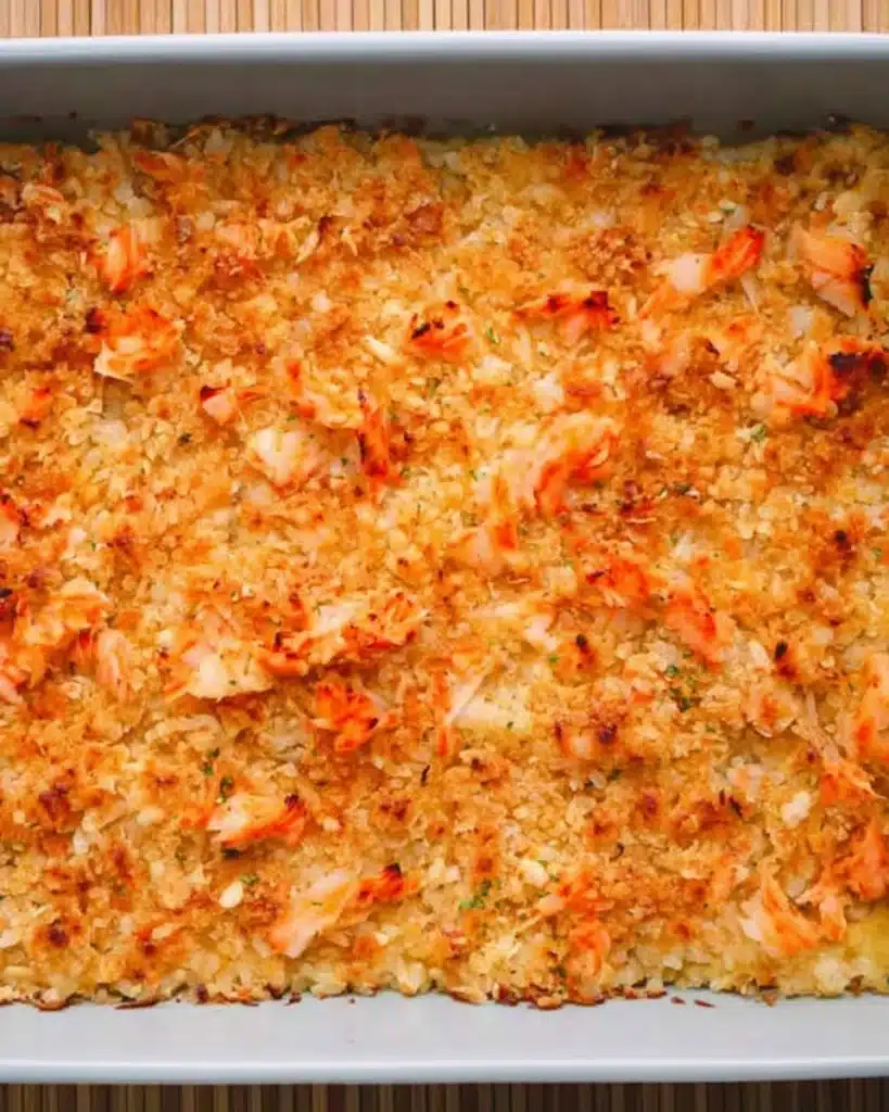 Easy Sushi Bake 5 Freshly baked sushi bake with golden crab topping in a white dish