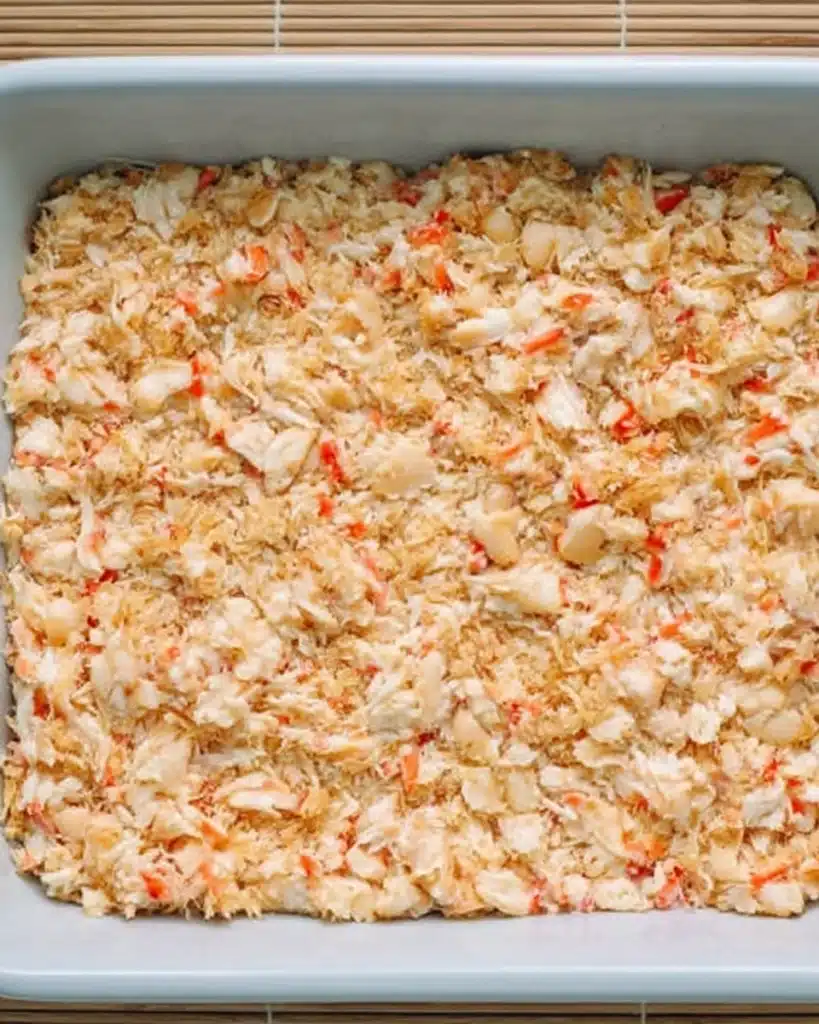 Easy Sushi Bake 4 Unbaked sushi bake with creamy crab mixture in a white dish