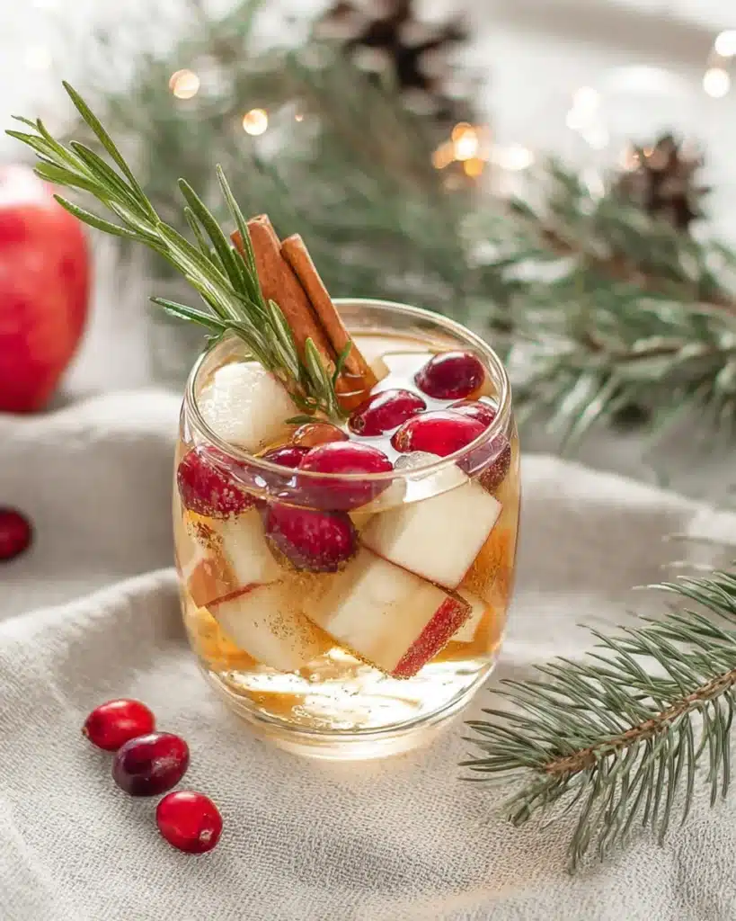 Festive white Christmas sangria with cranberries, apple cubes, rosemary, and cinnamon sticks