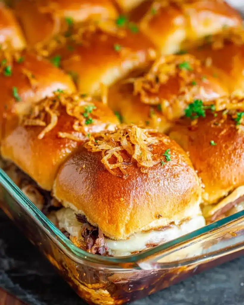 French Dip Sliders 4 Golden baked French Dip Sliders with roast beef, melted cheese, and crispy onion topping