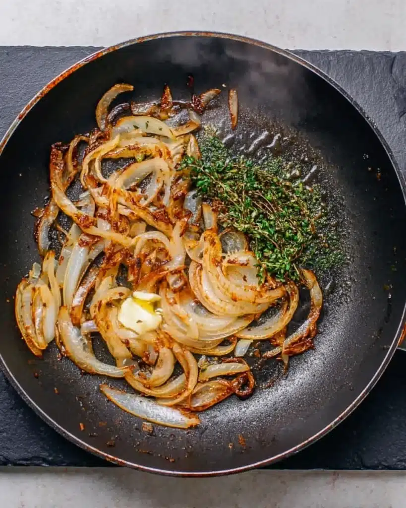 French Dip Sliders 2 Caramelized onions with herbs cooking in a skillet for French Dip Sliders